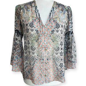 Hale Bob 100% Silk Bell Sleeve Button Blouse - XS